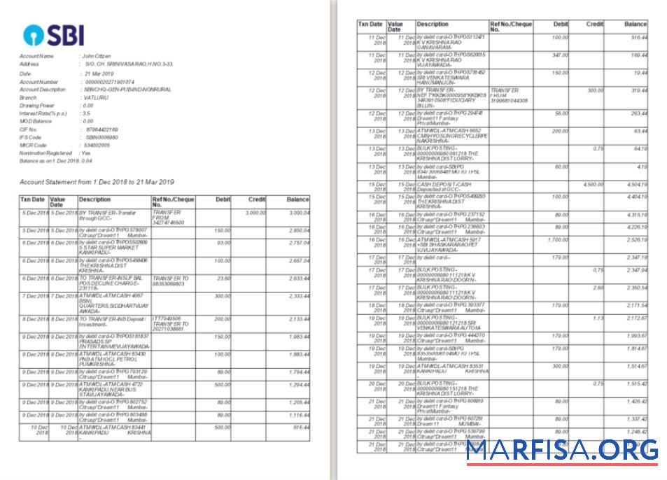 Printable India SBI bank statement word 2 pages template
